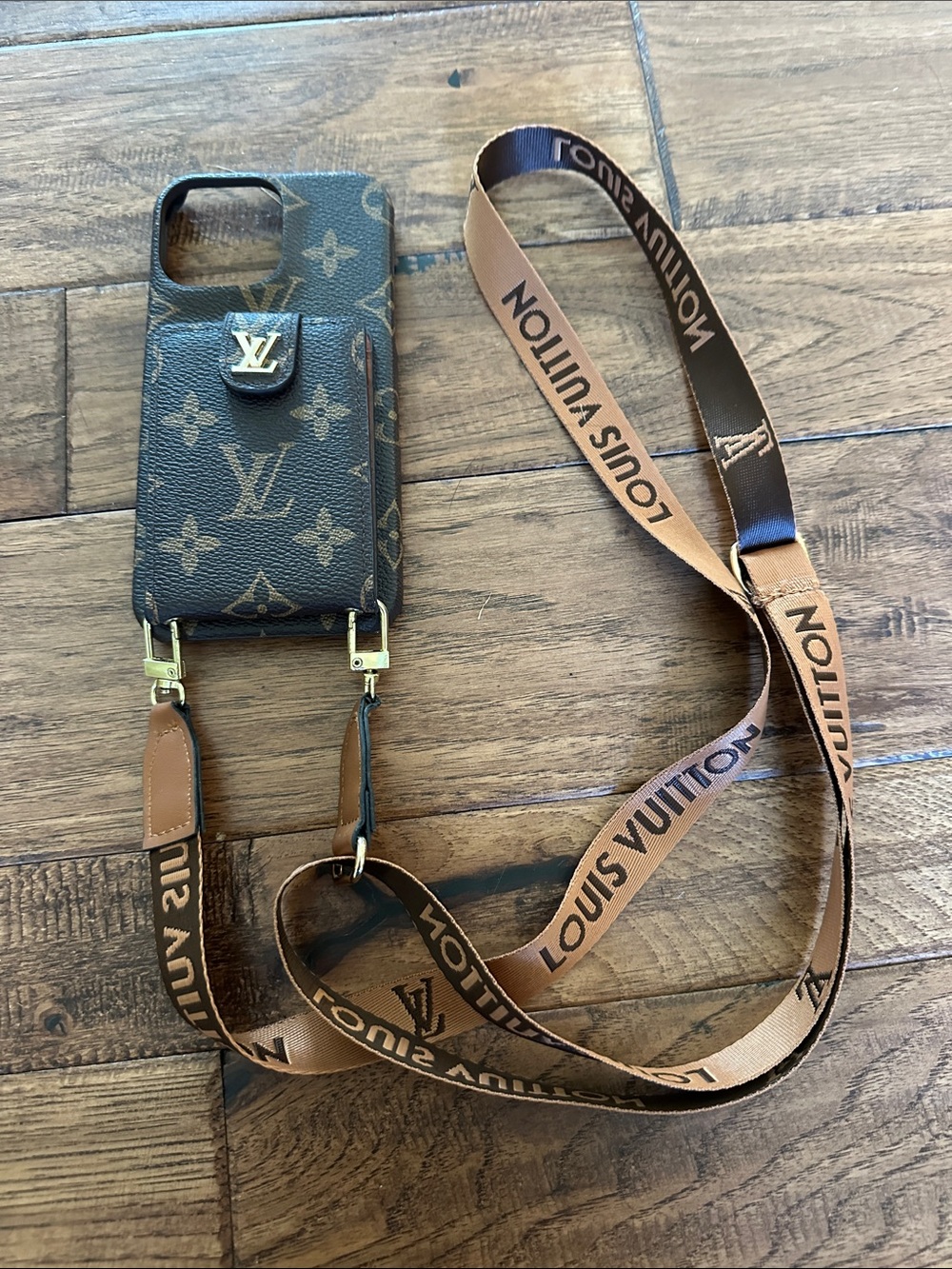 Brown Monogram Crossbody Phone Case with Logo Strap
